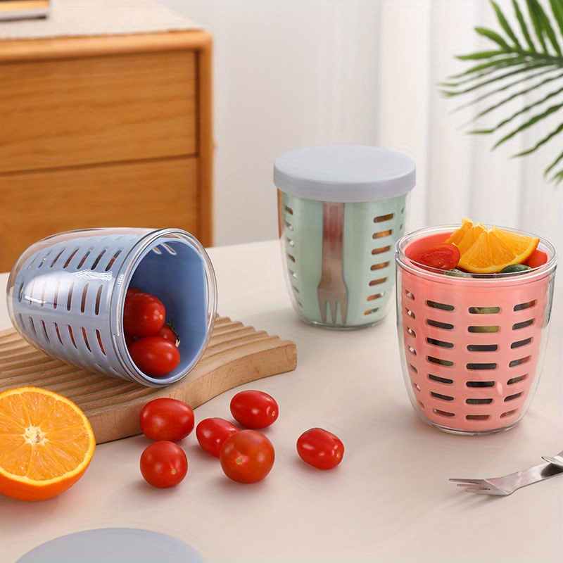 1pc Portable Salad Cup with Fork - Leak-Proof, Large Capacity, Drainable Fresh Fruit Container for Office, School & Outdoor Use, Blue Plastic Picnic Box with Ventilation Holes, Perfect for Tomatoes, Lettuce & Berries, School Salad Box | Stylish Salad Container | Durable Plastic Cup