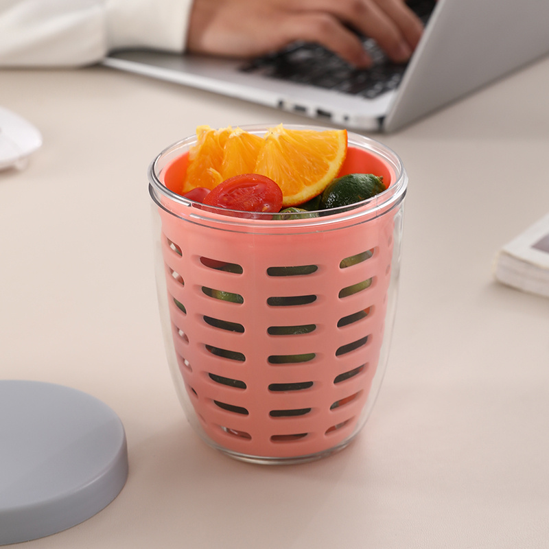 1pc Portable Salad Cup with Fork - Leak-Proof, Large Capacity, Drainable Fresh Fruit Container for Office, School & Outdoor Use, Blue Plastic Picnic Box with Ventilation Holes, Perfect for Tomatoes, Lettuce & Berries, School Salad Box | Stylish Salad Container | Durable Plastic Cup