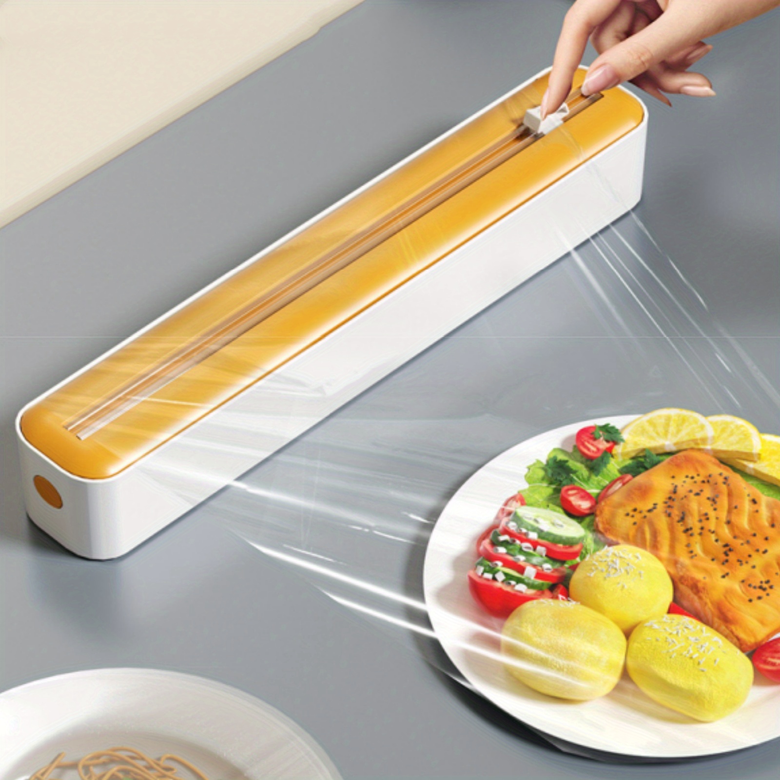 1pc Kitchen Wrap Cutter, Dual-Sided Sliding Blade Cutting Box, Wall-Mounted with Suction Cup, ABS Material, Suitable for Home and Commercial Use