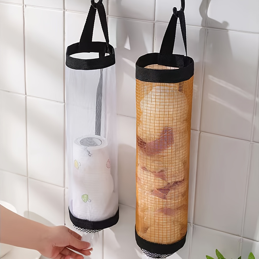 1pc HomePlus Plastic Mesh Hanging Kitchen Storage Bag Organizer, Wall Mounted Disposable Garbage Bag Holder, Foldable Trash Bag Dispenser