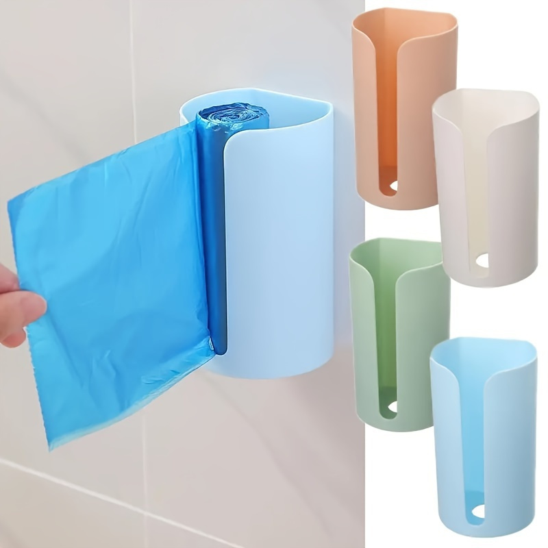 1pc Wall-Mounted No-Drill Plastic Garbage Bag Dispenser, Multi-Color Trash Bag & Scouring Pad Holder for Kitchen and Bathroom Storage, Cylindrical Design with Multiple Compartments, Light Blue/Orange/White/Green, Bathroom Trash Can