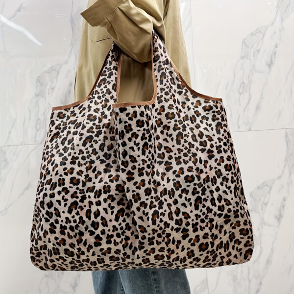Large Capacity Leopard Pattern Shoulder Shopping Bag, Daily Use Foldable Handbag for Women