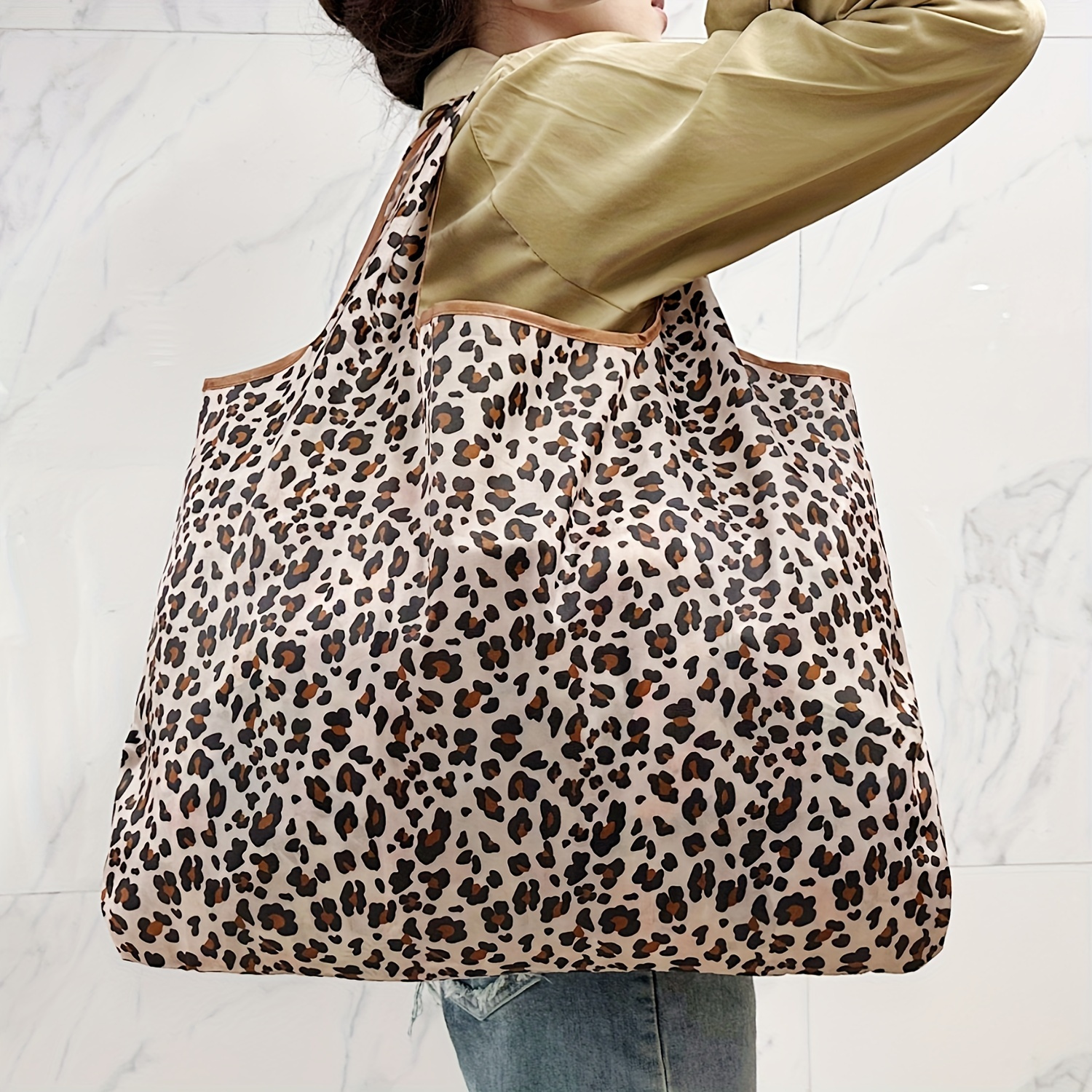 Large Capacity Leopard Pattern Shoulder Shopping Bag, Daily Use Foldable Handbag for Women