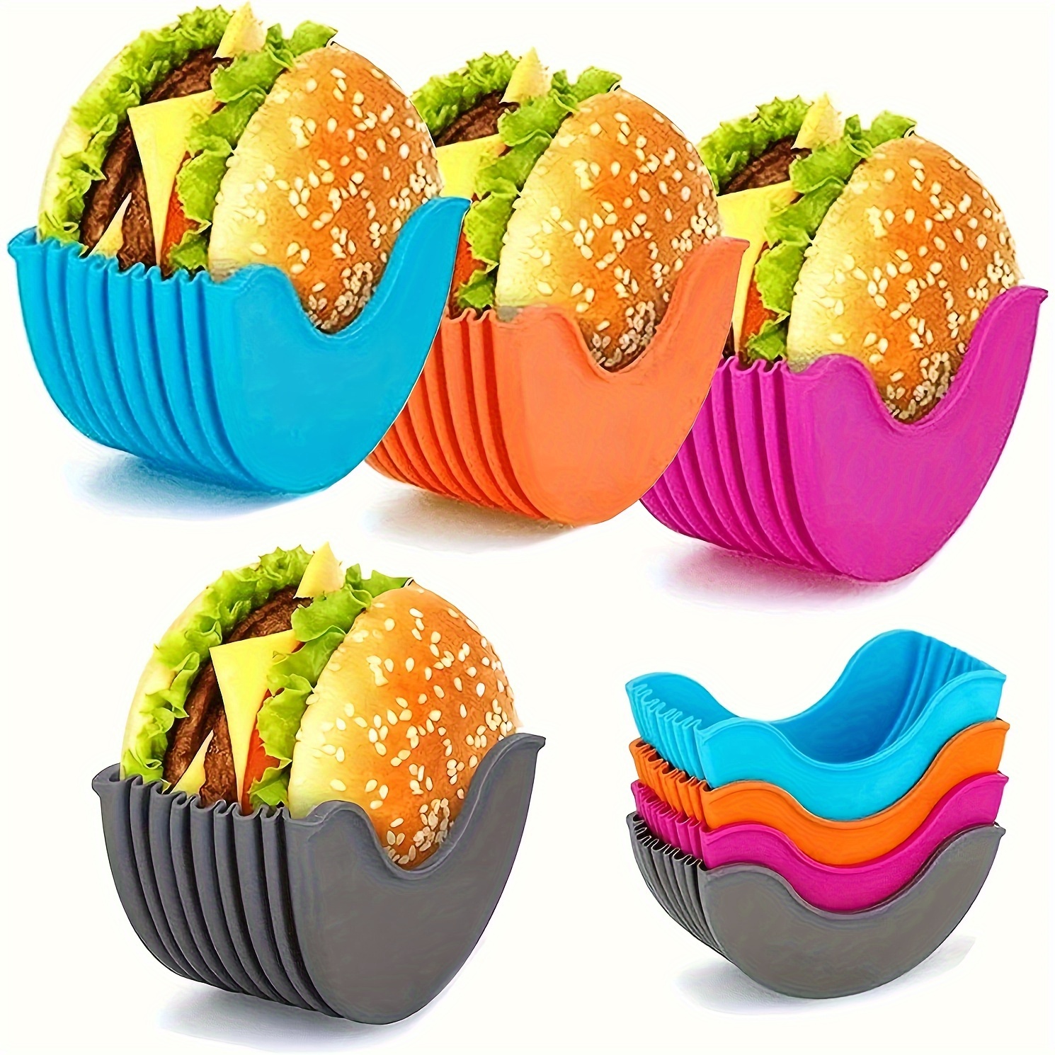 4pcs, Silicone Hamburger Holder, Reusable Hamburger Bun Shell, Colorful Stacking Food Storage Solution, Kitchen & Restaurant Accessories, BPA-Free