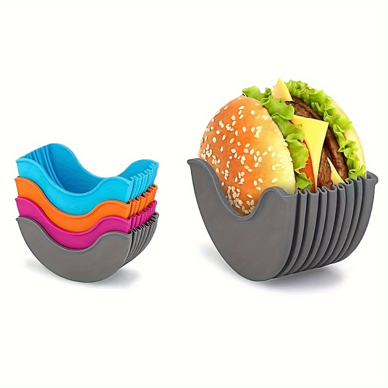 4pcs, Silicone Hamburger Holder, Reusable Hamburger Bun Shell, Colorful Stacking Food Storage Solution, Kitchen & Restaurant Accessories, BPA-Free - Image 7