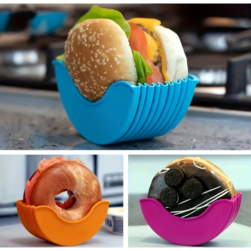 4pcs, Silicone Hamburger Holder, Reusable Hamburger Bun Shell, Colorful Stacking Food Storage Solution, Kitchen & Restaurant Accessories, BPA-Free - Image 9