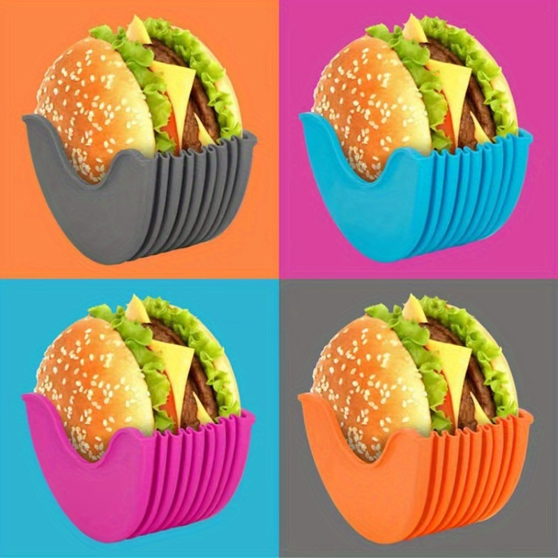 4pcs, Silicone Hamburger Holder, Reusable Hamburger Bun Shell, Colorful Stacking Food Storage Solution, Kitchen & Restaurant Accessories, BPA-Free - Image 3