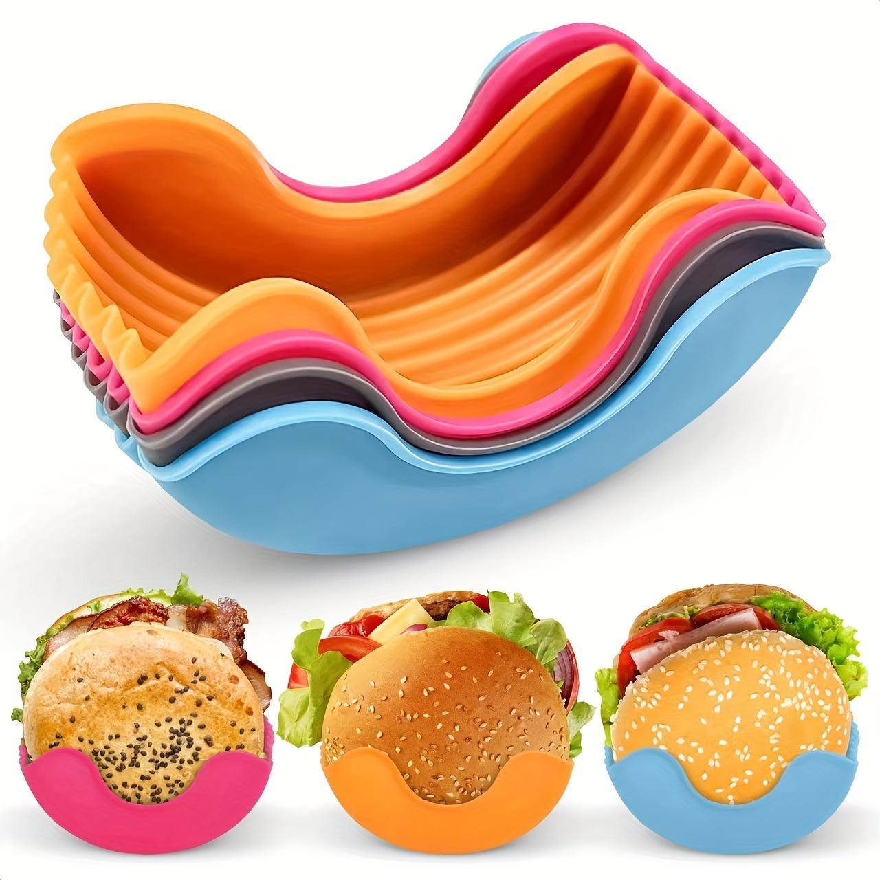 4pcs, Silicone Hamburger Holder, Reusable Hamburger Bun Shell, Colorful Stacking Food Storage Solution, Kitchen & Restaurant Accessories, BPA-Free