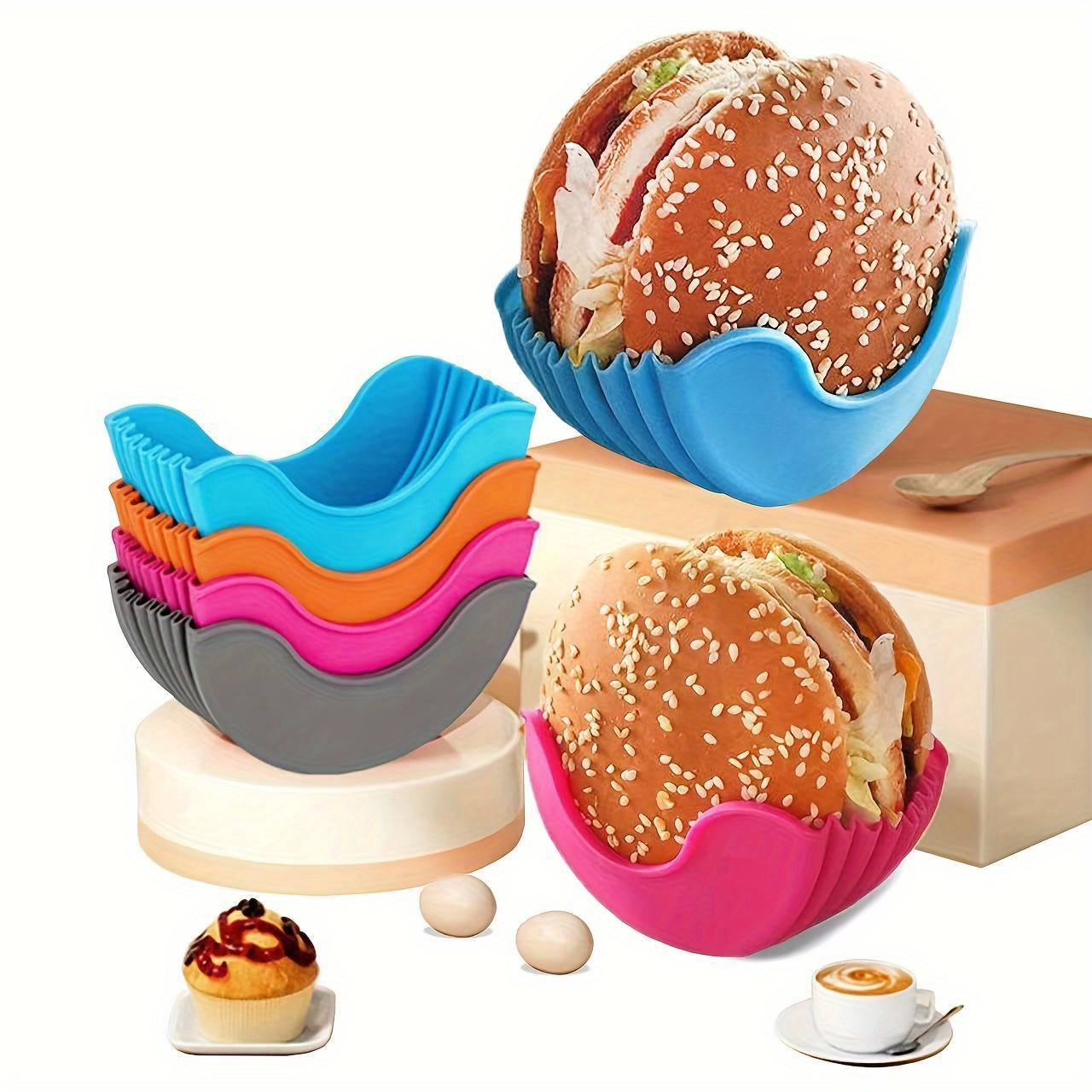4pcs, Silicone Hamburger Holder, Reusable Hamburger Bun Shell, Colorful Stacking Food Storage Solution, Kitchen & Restaurant Accessories, BPA-Free