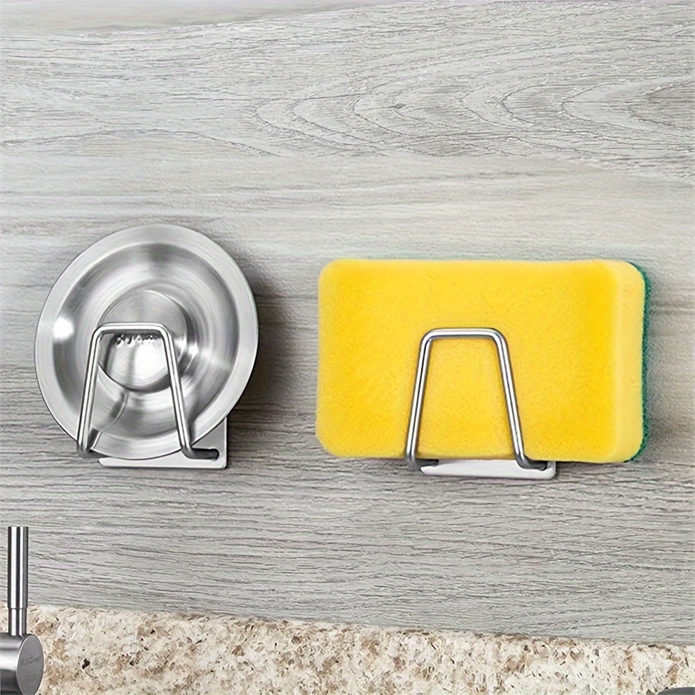 2/4pcs Hook, Stainless Steel Sponge Holders, Punch-Free Sink Sponge Drain Storage Racks, Self Adhesive Drain Drying Rack, for Kitchen And Bathroom, Kitchen Organizers And Storage, Kitchen Accessories