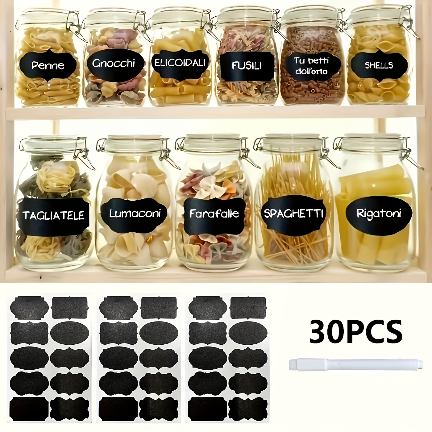 30pcs Reusable Chalkboard Labels for Food Storage Containers with Pen - Waterproof, Self-Adhesive, Ideal for Spices, Cheese & More, Kitchen Organization|Bold Font Design|Waterproof Label