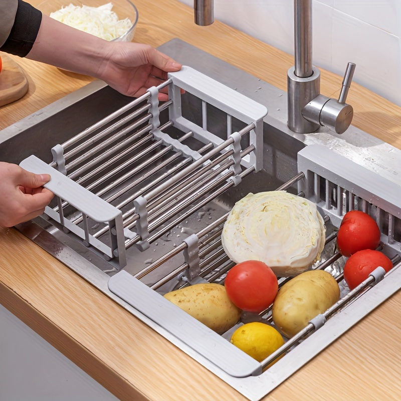 Expansion Sink Drain Basket - Retractable Stainless Steel Dish Rack for Kitchen, Lightweight & Compact, Ideal for Vegetables, Fruits, and Dishes, Dish Drying Rack for Kitchen Counter