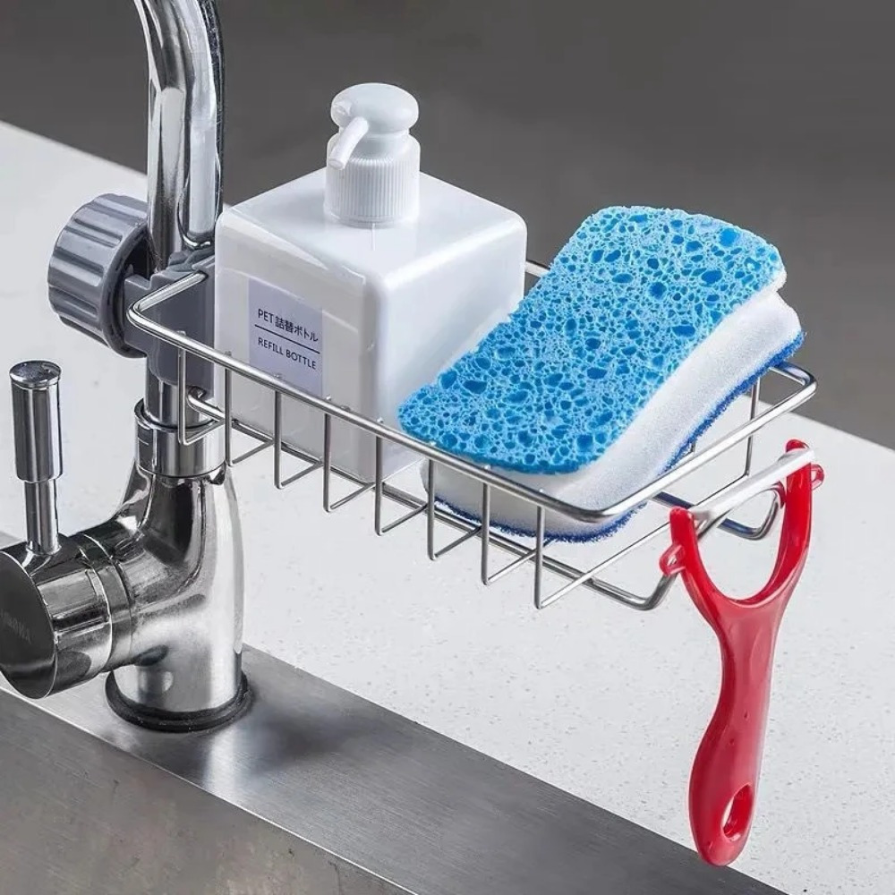 Stainless Steel Kitchen Sink Organizer Rack - Space-Saving Faucet Holder for Sponges, Soap, Towels, and Utensils with Easy Installation and Durable Construction - Image 2