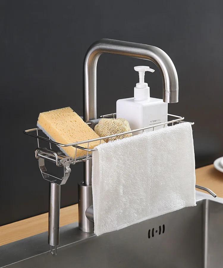 Stainless Steel Kitchen Sink Organizer Rack - Space-Saving Faucet Holder for Sponges, Soap, Towels, and Utensils with Easy Installation and Durable Construction
