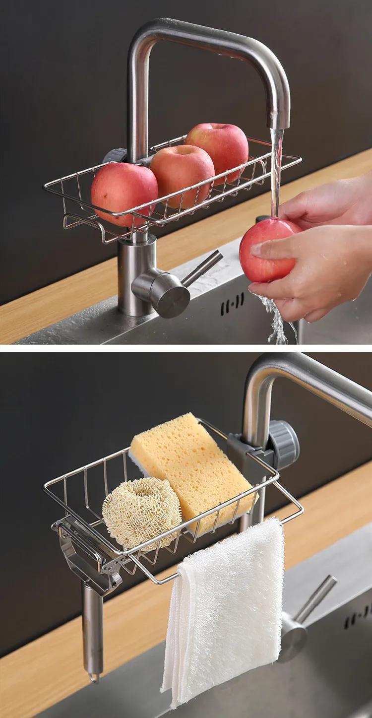 Stainless Steel Kitchen Sink Organizer Rack - Space-Saving Faucet Holder for Sponges, Soap, Towels, and Utensils with Easy Installation and Durable Construction
