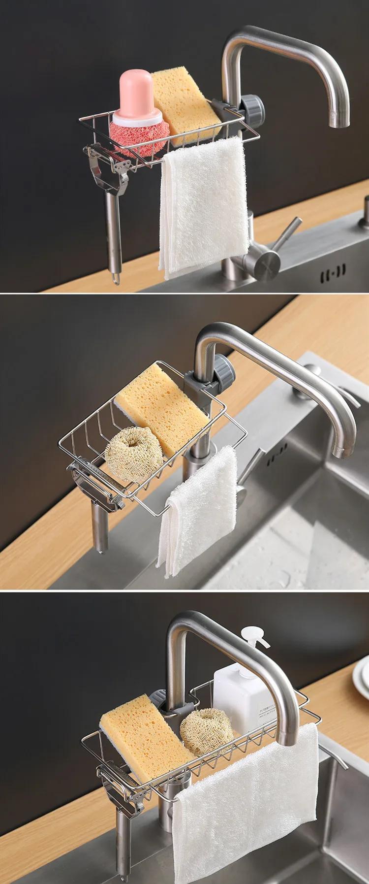 Stainless Steel Kitchen Sink Organizer Rack - Space-Saving Faucet Holder for Sponges, Soap, Towels, and Utensils with Easy Installation and Durable Construction