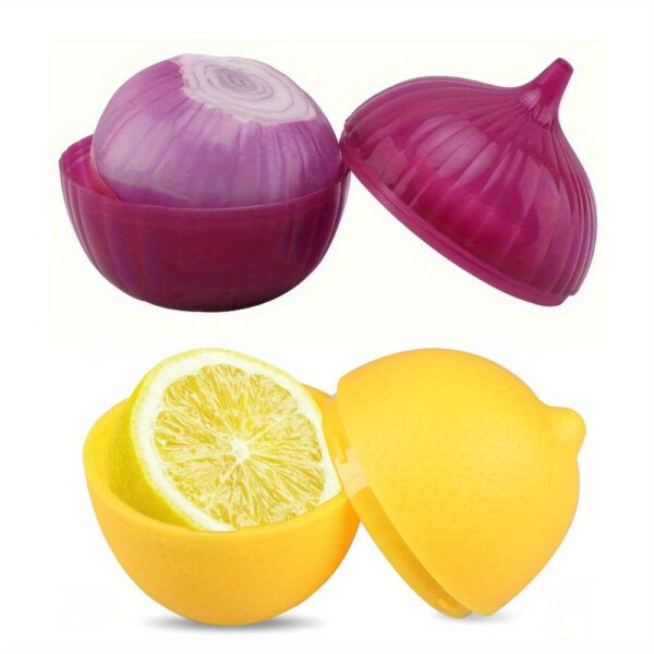 2pcs Set Plastic Food Savers, Lemon & Onion Shaped, Multipurpose, Freezer Safe, Flip Top, Hand Wash, No Electricity Needed, with Fruit & Vegetable Preservation Boxes, for Kitchen