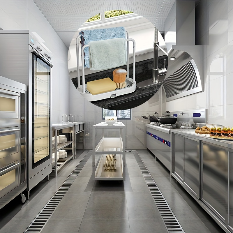 1pc Space-Saving White Plastic Kitchen Sink Organizer - Multi-Use Towel and Sponge Holder Tray with Drain Rack, Ideal for Stalls, Food Trucks, Cafes, and Home Use, Sponge Holder for Kitchen Sink - Image 5