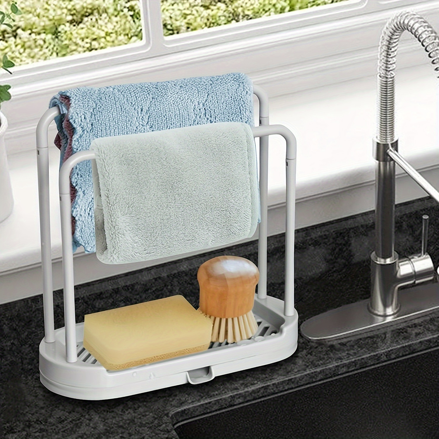 1pc Space-Saving White Plastic Kitchen Sink Organizer - Multi-Use Towel and Sponge Holder Tray with Drain Rack, Ideal for Stalls, Food Trucks, Cafes, and Home Use, Sponge Holder for Kitchen Sink