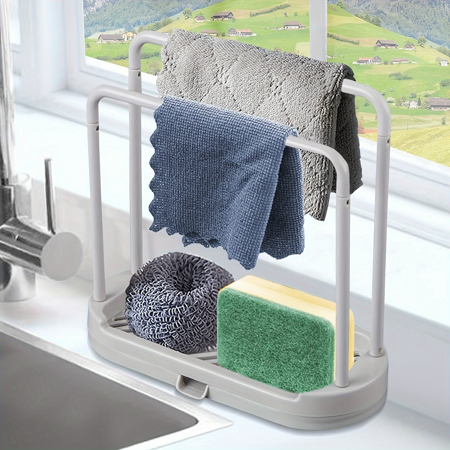 1pc Space-Saving White Plastic Kitchen Sink Organizer - Multi-Use Towel and Sponge Holder Tray with Drain Rack, Ideal for Stalls, Food Trucks, Cafes, and Home Use, Sponge Holder for Kitchen Sink