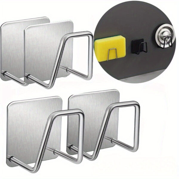 4Pcs Stainless Steel Storage Shelf, Kitchen Sink Drain Drying Rack Shelf, Bathroom Sponge Holder, Cleaning Sponge Rack Hooks, Accessories Tools