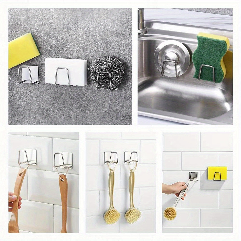 4Pcs Stainless Steel Storage Shelf, Kitchen Sink Drain Drying Rack Shelf, Bathroom Sponge Holder, Cleaning Sponge Rack Hooks, Accessories Tools