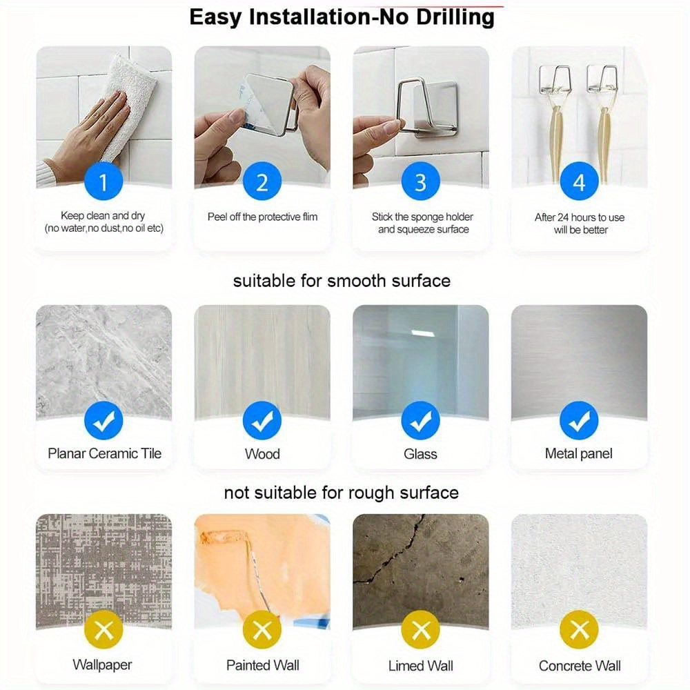 4Pcs Stainless Steel Storage Shelf, Kitchen Sink Drain Drying Rack Shelf, Bathroom Sponge Holder, Cleaning Sponge Rack Hooks, Accessories Tools