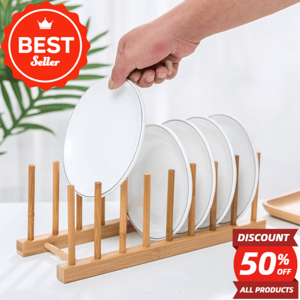 Bamboo Wooden Plate Rack Set with Cutlery Holder - Dish Storage and Drying Stand for Kitchen Organization, Dual-Purpose Space-Saving Design