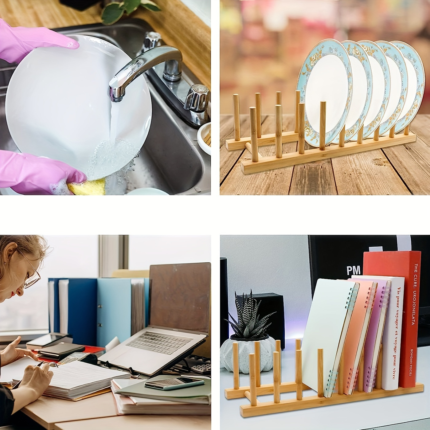 Bamboo Wooden Plate Rack Set with Cutlery Holder - Dish Storage and Drying Stand for Kitchen Organization, Dual-Purpose Space-Saving Design