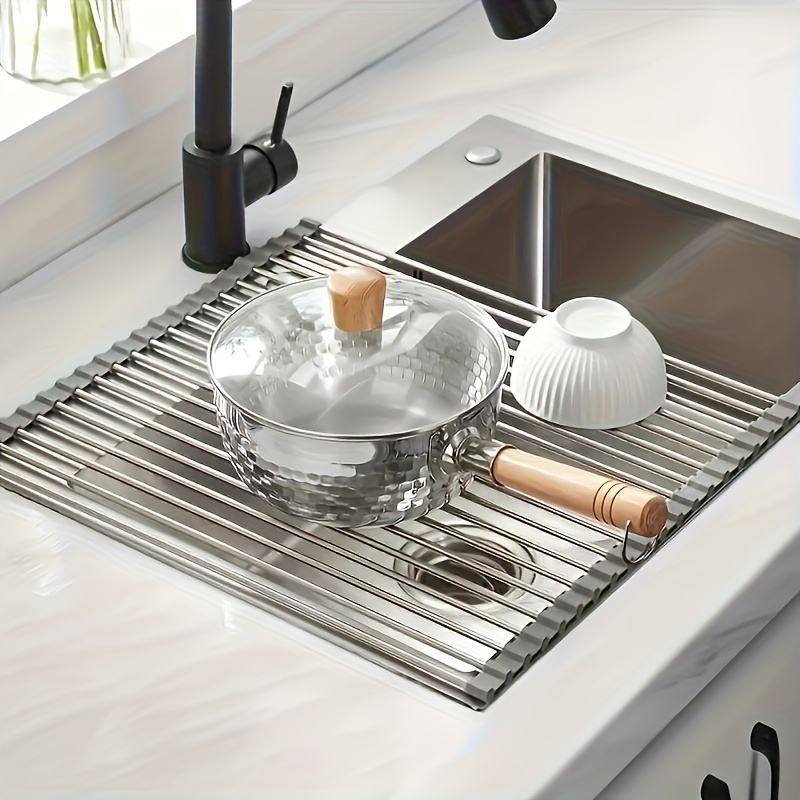 1pc Deluxe Roll-Up Stainless Steel Dish Drying Rack - Space-Saving, Multifunctional, Over-The-Sink Design, Portable, Rollable, Anti-Rust, Easy to Clean, Kitchen Sink Organizer, Tool, and Mat - Perfect for Small Kitchens, Dish Drying Rack|Modern Kitchen Accessory|Durable Kitchenware