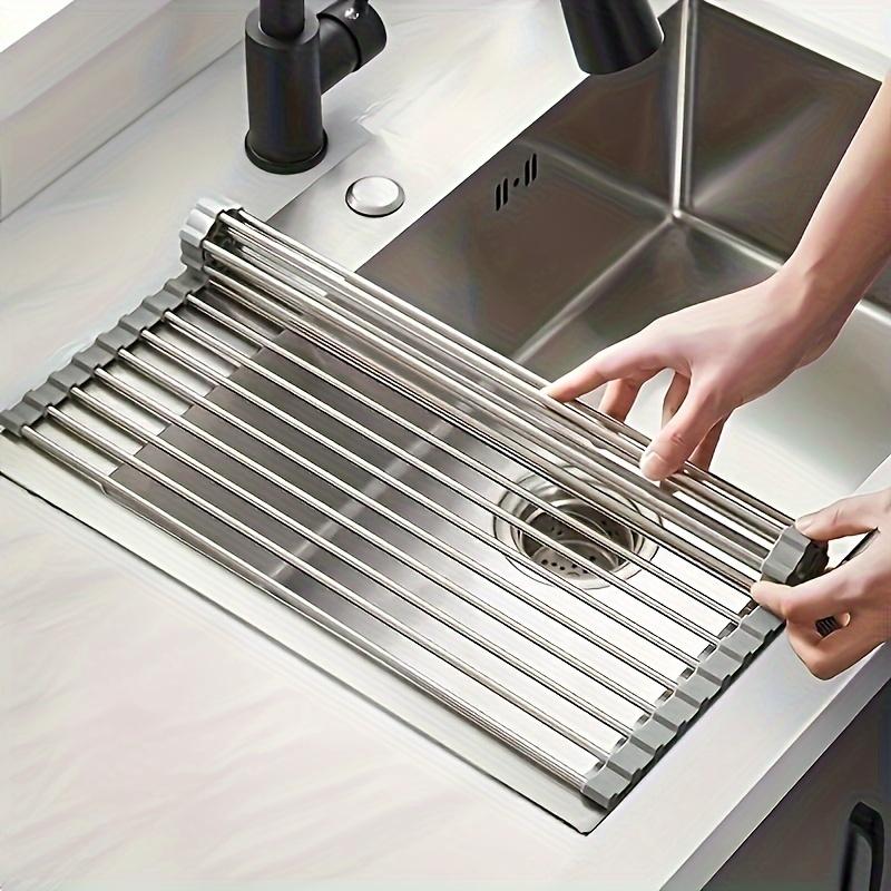 1pc Deluxe Roll-Up Stainless Steel Dish Drying Rack - Space-Saving, Multifunctional, Over-The-Sink Design, Portable, Rollable, Anti-Rust, Easy to Clean, Kitchen Sink Organizer, Tool, and Mat - Perfect for Small Kitchens, Dish Drying Rack|Modern Kitchen Accessory|Durable Kitchenware