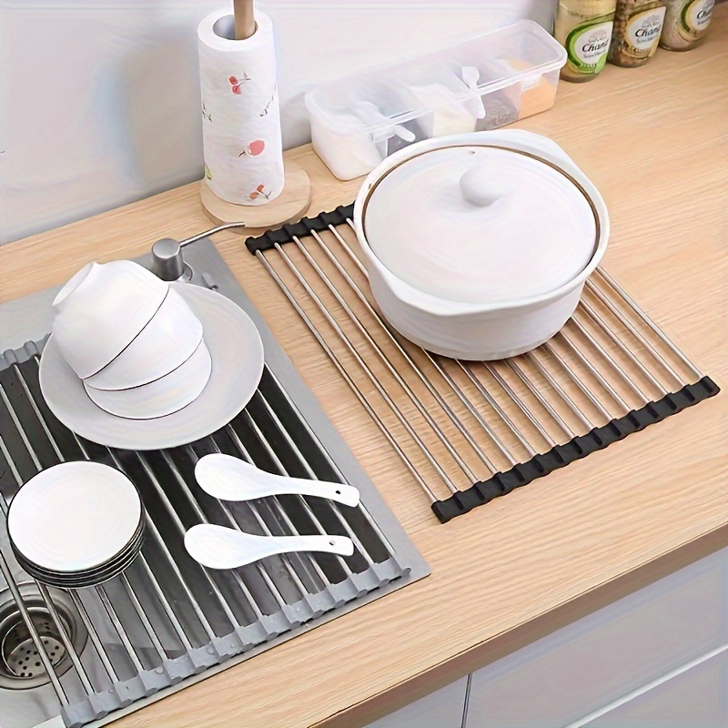 1pc Deluxe Roll-Up Stainless Steel Dish Drying Rack - Space-Saving, Multifunctional, Over-The-Sink Design, Portable, Rollable, Anti-Rust, Easy to Clean, Kitchen Sink Organizer, Tool, and Mat - Perfect for Small Kitchens, Dish Drying Rack|Modern Kitchen Accessory|Durable Kitchenware