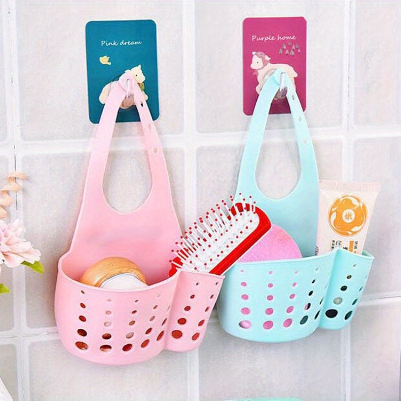 1pc-Solid Color Simple Silicone Sink Openwork Cutlery Rag Brush PVC Drain Storage Basket, Button Removable