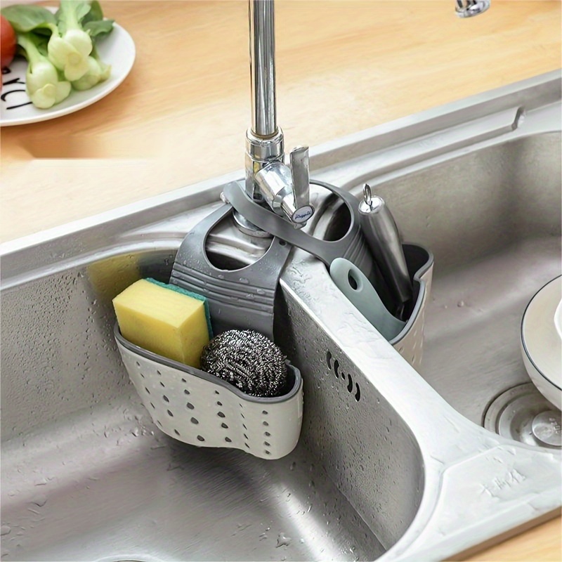 Wall-Mounted Adjustable Snap-On Sink Caddy Basket - Dual Soap & Sponge Holder with Drainage, PVC-Free Plastic Kitchen Organizer