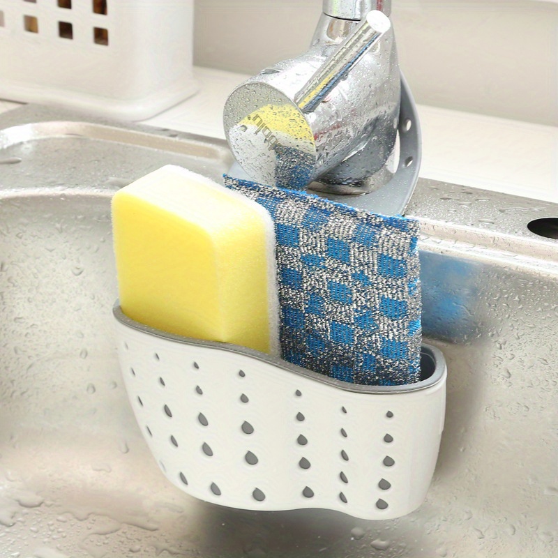 Wall-Mounted Adjustable Snap-On Sink Caddy Basket - Dual Soap & Sponge Holder with Drainage, PVC-Free Plastic Kitchen Organizer