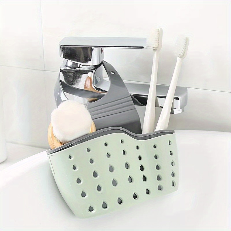 Wall-Mounted Adjustable Snap-On Sink Caddy Basket - Dual Soap & Sponge Holder with Drainage, PVC-Free Plastic Kitchen Organizer