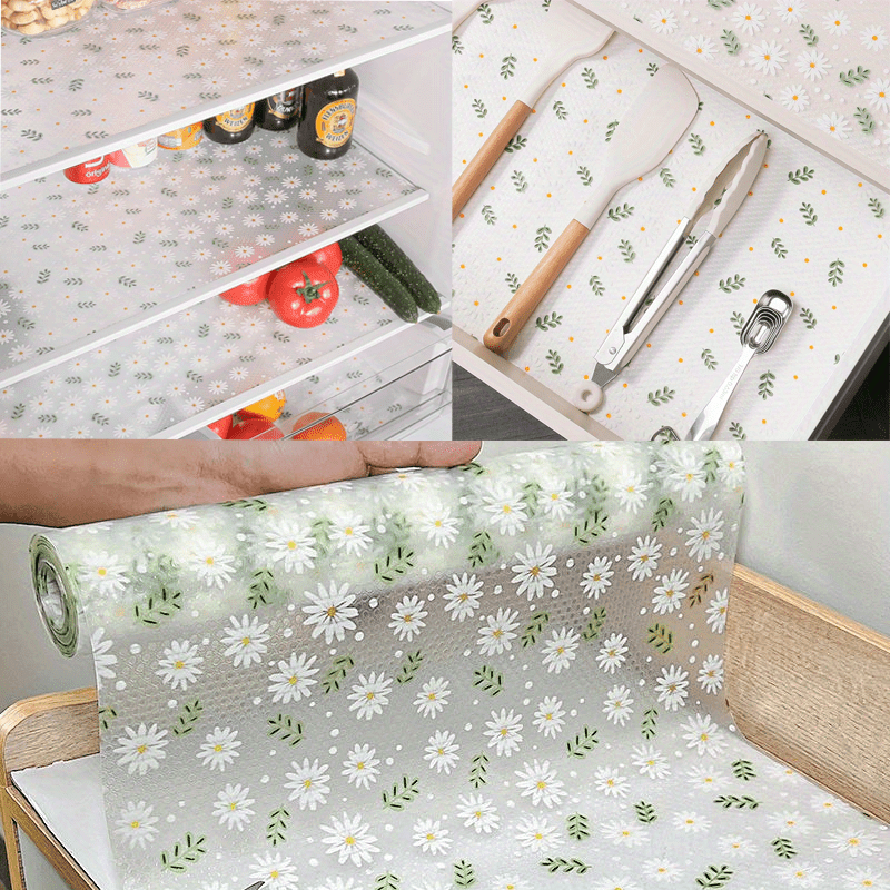 1 Roll Daisy Pattern EVA Non-Slip Washable Waterproof Shelf Liner - Multi-Purpose Kitchen Cabinet Liner for Drawers, Refrigerators, Tables, and Household Use, Shelf Liner