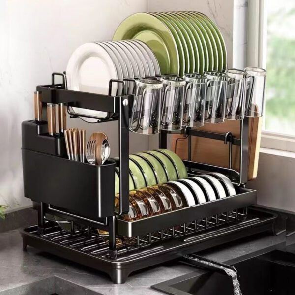 2 Tier Stainless Steel Dish Drying Rack with Drainboard, Adjustable Dish Drainer for Kitchen Counter with Utensil Holder and Cup Rack – Rotatable Drainage System