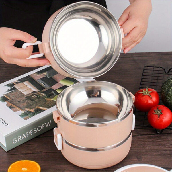 Large Capacity Stainless Steel Insulated Lunch Box - Multi-Layer, Round Design with White Handle and Lid, Perfect for School, Work, Camping, and Picnics - Durable & Easy to Clean,back to school