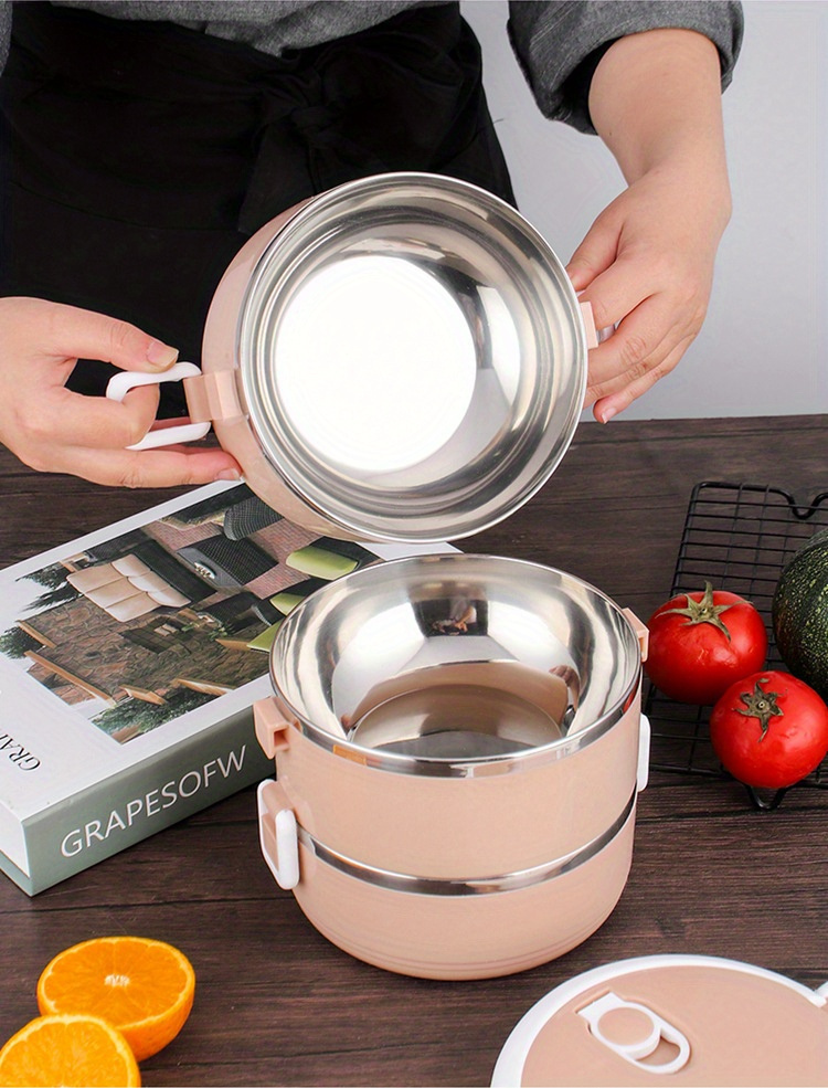 Large Capacity Stainless Steel Insulated Lunch Box - Multi-Layer, Round Design with White Handle and Lid, Perfect for School, Work, Camping, and Picnics - Durable & Easy to Clean,back to school