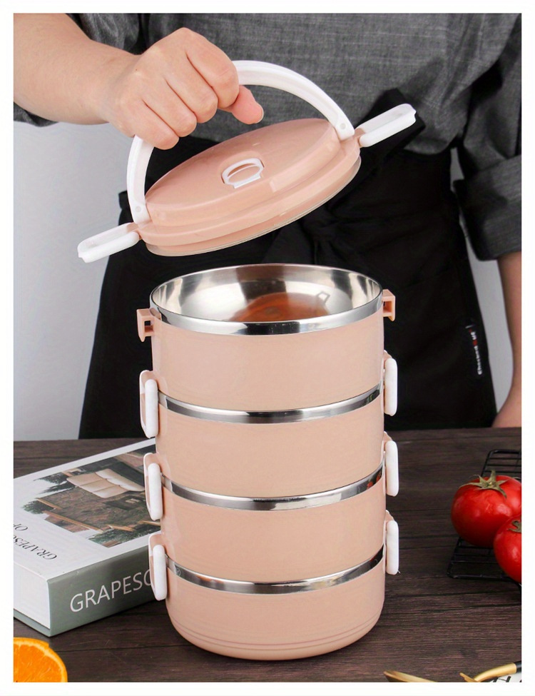 Large Capacity Stainless Steel Insulated Lunch Box - Multi-Layer, Round Design with White Handle and Lid, Perfect for School, Work, Camping, and Picnics - Durable & Easy to Clean,back to school