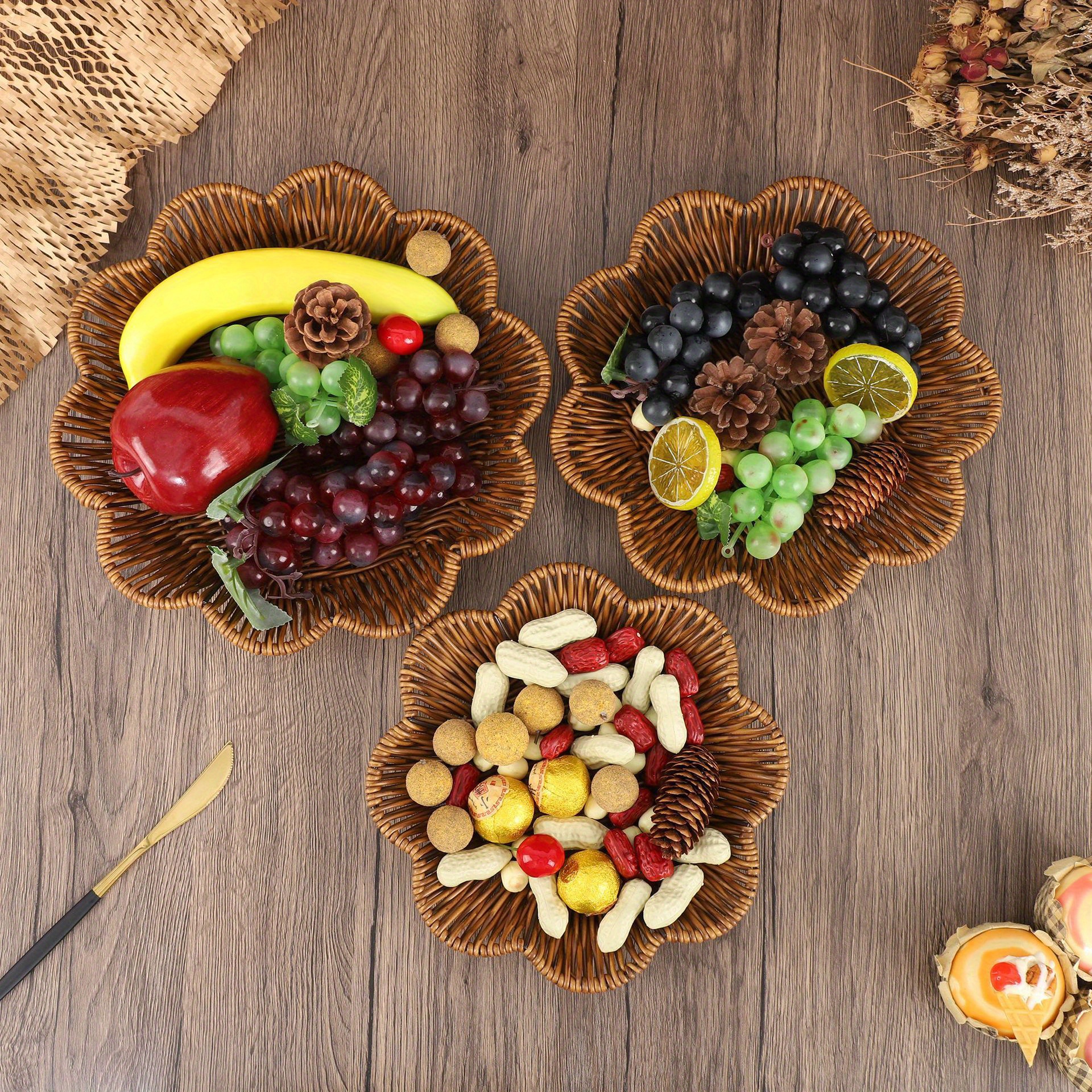 Boho-Chic Handwoven Rattan Basket - Versatile Storage for Snacks, Fruits & More - Perfect for Kitchen & Dining Decor