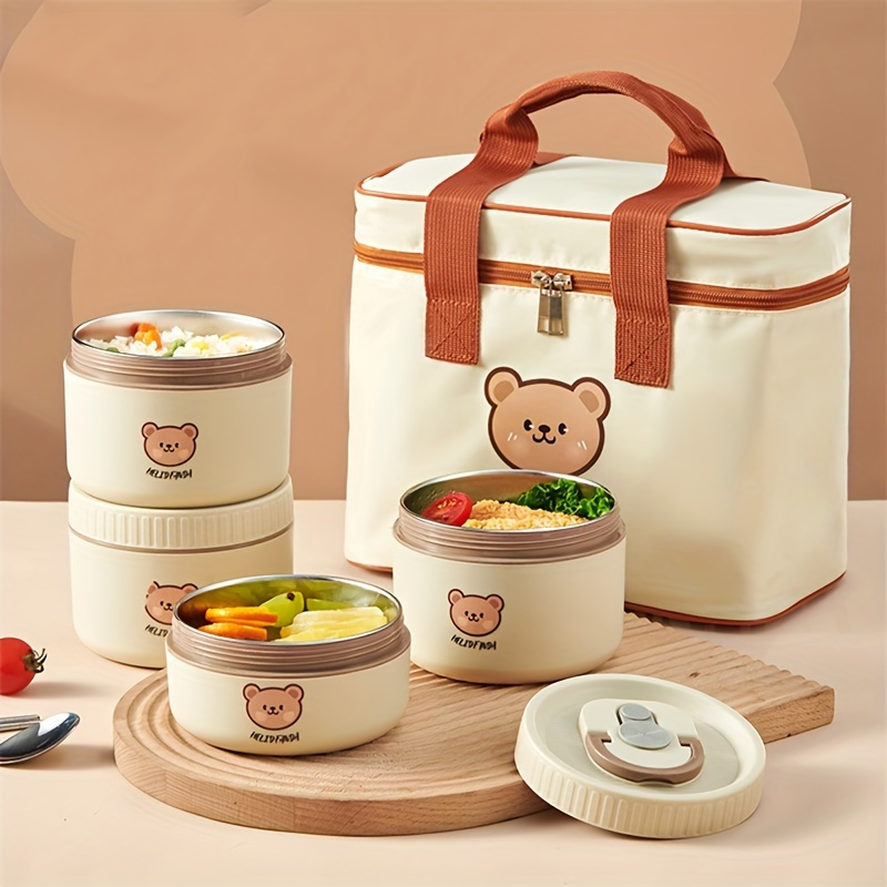1pc Stainless Steel Insulated Lunch Box with Microwave-Safe Soup Bowl, Portable Multi-Layer Sealed Bento Box for Students & Office Workers, Cute Bear Design, Hand Wash Recommended, Round Shape, No Power Required, Kitchen & Dining Storage,Back to School
