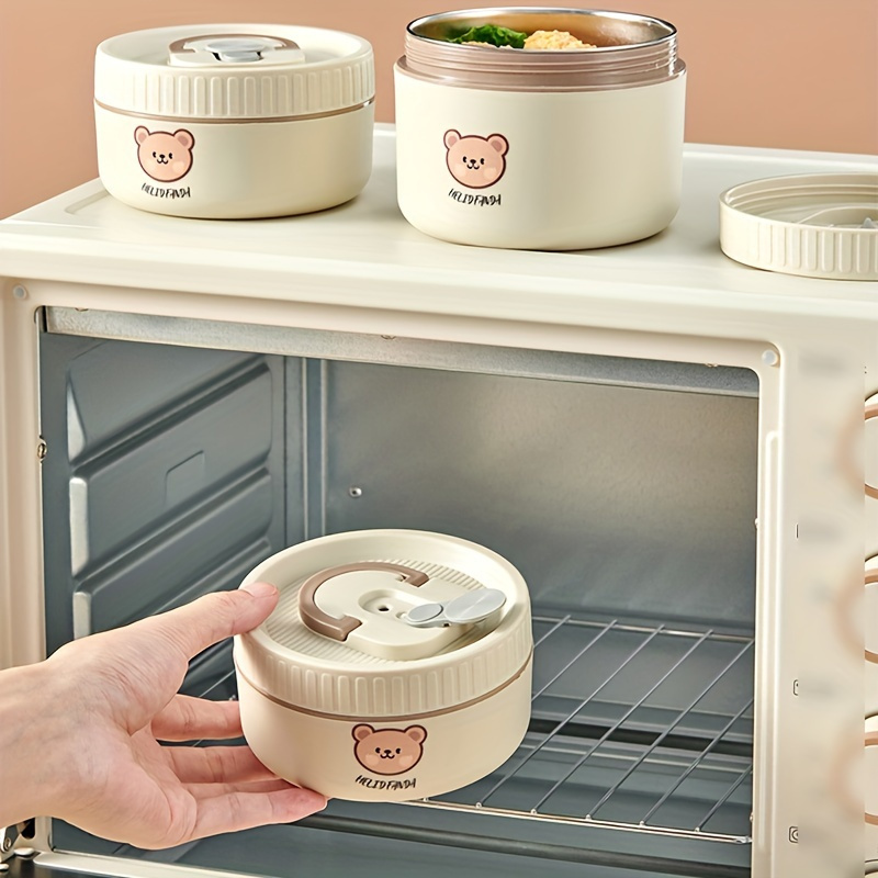 1pc Stainless Steel Insulated Lunch Box with Microwave-Safe Soup Bowl, Portable Multi-Layer Sealed Bento Box for Students & Office Workers, Cute Bear Design, Hand Wash Recommended, Round Shape, No Power Required, Kitchen & Dining Storage,Back to School