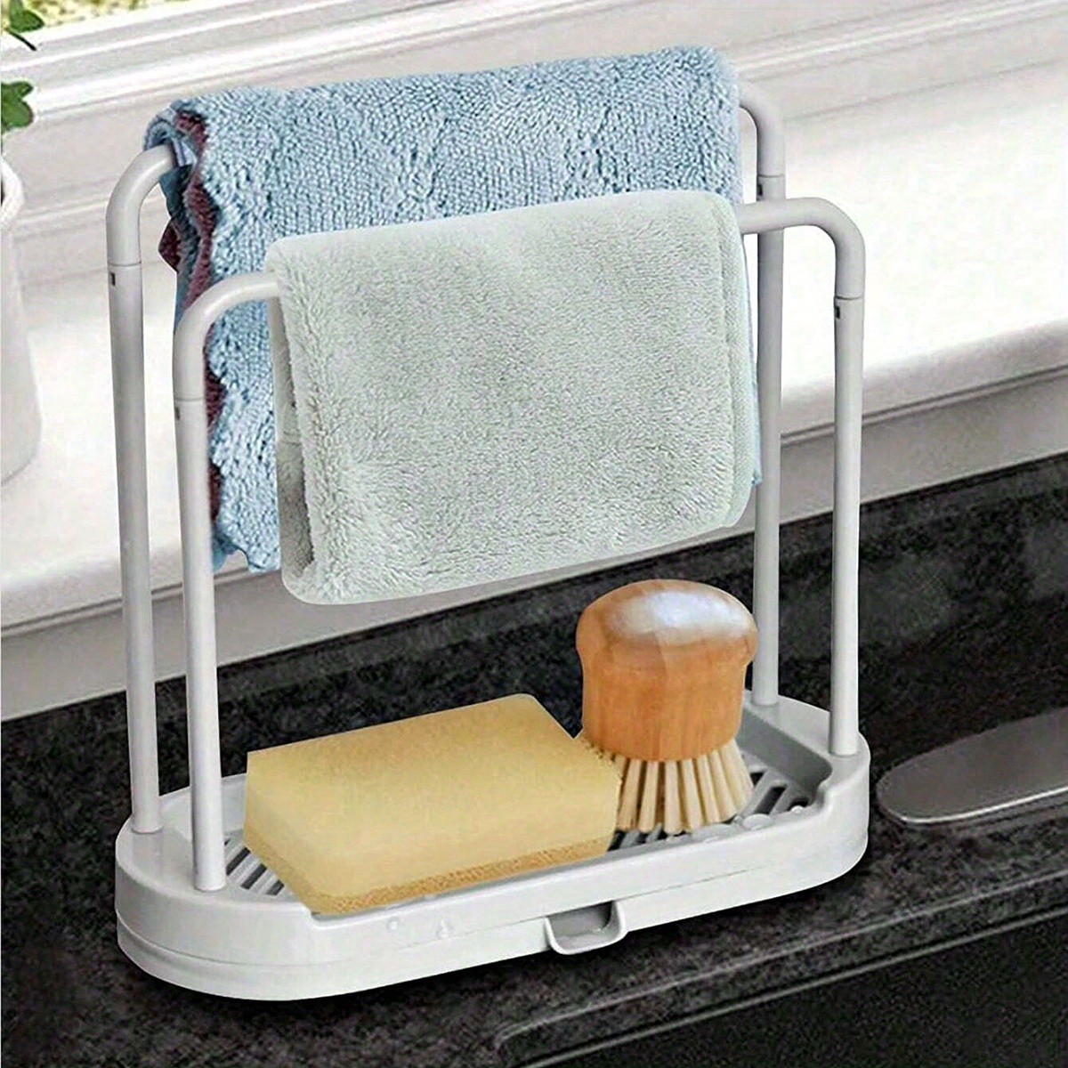 1pc Grey Kitchen Sink Rack Tray Organizer Stand, Kitchen Countertop Rust Proof Sink Accessories, for Sponge, Dish Cloth, Rag, Brush, Scrubber Storage Holder., Kitchen Sink Accessories