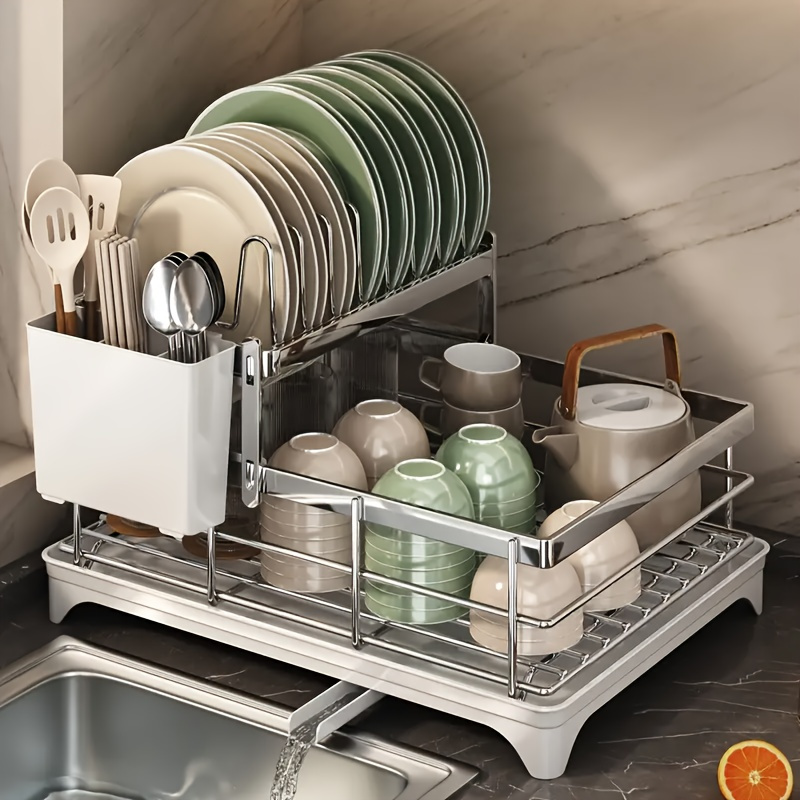 Double-Layer Iron Dish Drying Rack with Drain Plate, Removable Cup Holder, and Utensil Organizer | Modern Kitchen Storage Solution | Efficient Drainage Design for Dishes, Cups, and Utensils