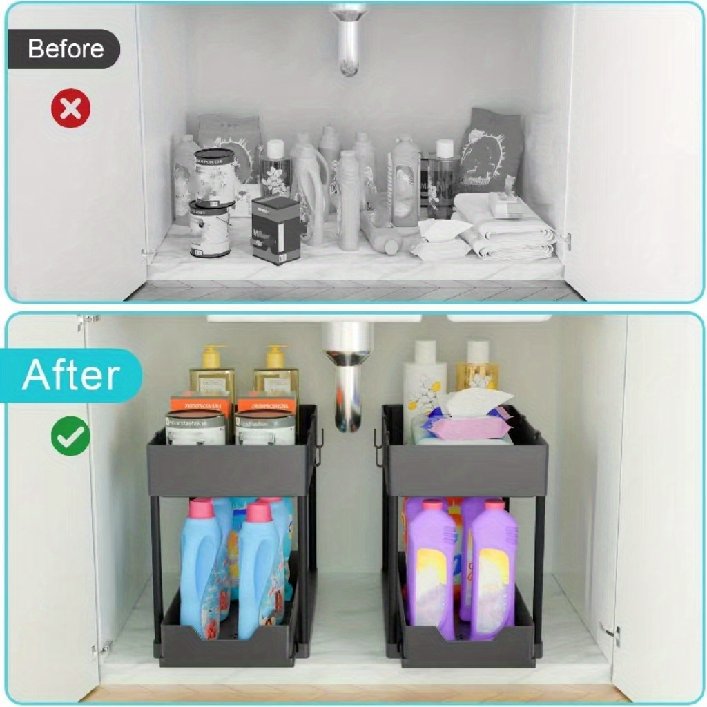 2-Tier Sliding Under Sink Organizer with Metal Frame - Black/White Plastic Storage Basket for Kitchen Spices, Cosmetics & Accessories, Multi-Purpose Bathroom Cabinet Drawer Shelf, Kitchen Organizer | Sleek Storage Solution | Durable Plastic Basket, Under Sink Organizers And Storage