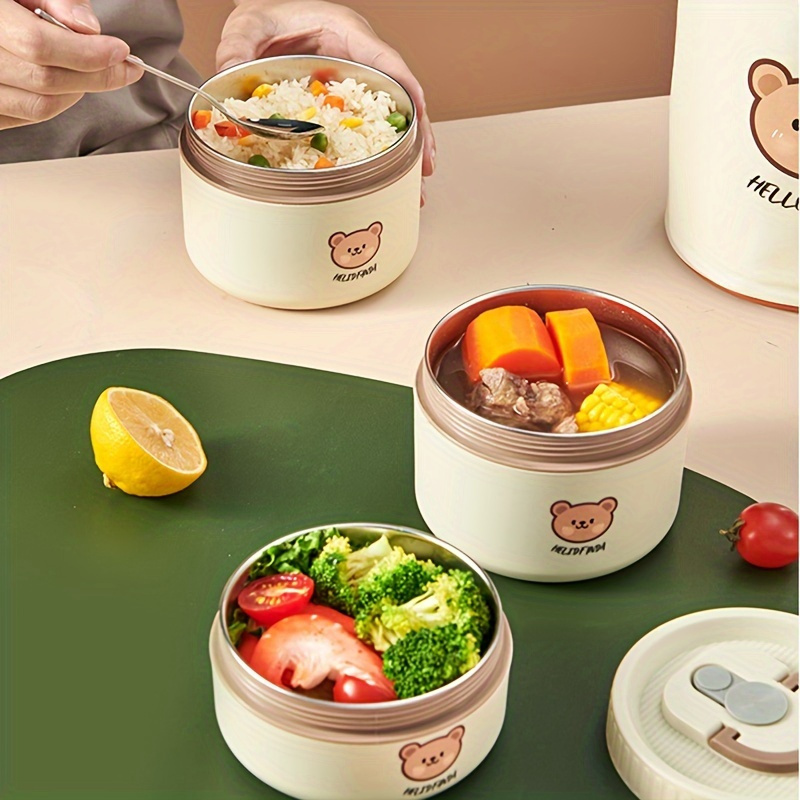 1pc Stainless Steel Insulated Lunch Box with Microwave-Safe Soup Bowl, Portable Multi-Layer Sealed Bento Box for Students & Office Workers, Cute Bear Design, Hand Wash Recommended, Round Shape, No Power Required, Kitchen & Dining Storage,Back to School