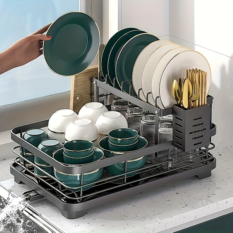 Double-Layer Iron Dish Drying Rack with Drain Plate, Removable Cup Holder, and Utensil Organizer | Modern Kitchen Storage Solution | Efficient Drainage Design for Dishes, Cups, and Utensils