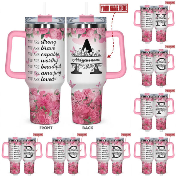 1pc, Personalized Letter 40oz Tumbler with Lid – You are Strong Brave Capable, Custom Name Stainless Steel Cup, Insulated and Durable, Gift for Any Occasion: Birthdays, Holidays, or Special Moments for Family, Friends, Teachers, or Coworkers